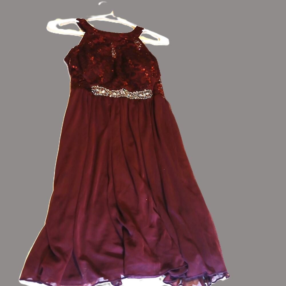 BCX Womens Short Party Dress/ Burgandy/Chiffon, Lace, Sequins/Jr Size 1